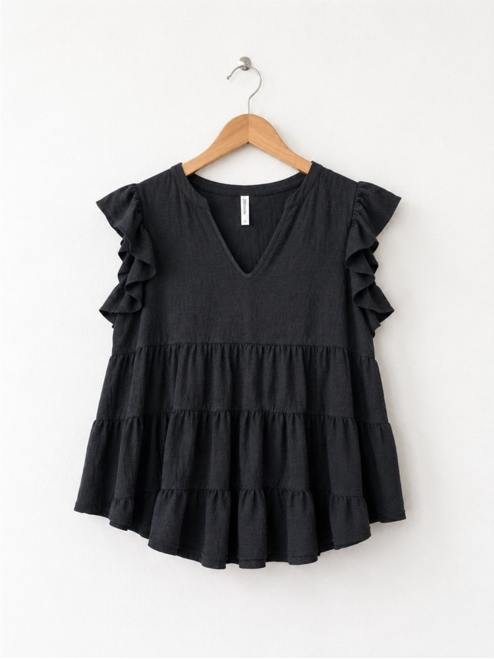 Women's Black Tiered Babydoll Top | Flutter Sleeve V-Neck Blouse | Boho Boutique